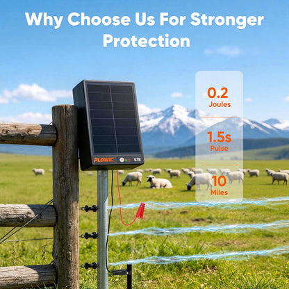 Solar Electric Fence Charger for Livestock: 0.2J 10 Miles Electric Fence Energizer with Rechargeable Battery, Portable Powered Electric Fence for Horses Cattle Sheep Protection
