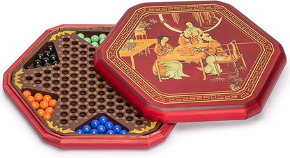 Yellow Mountain Imports Classic Chinese Checkers Halma Board Game Set with Storage 12.6-inch Wooden Board and Solid Color 16-Millimeter Glass Marbles