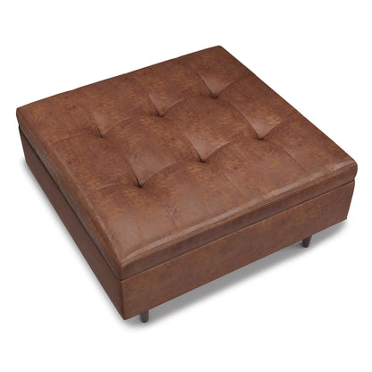 SIMPLIHOME Shay Coffee Table Storage Ottoman - 38 inch Wide Upholstered Vegan Leather Large Square Ottoman in Distressed Saddle Brown, Mid-Century Modern Tufted Ottoman for Living Room with Lift Top