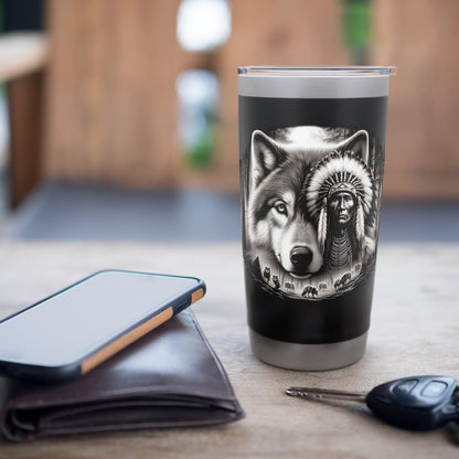 Native American Indian and Wolf Feathers Chief Art Stainless Steel Insulated Tumbler