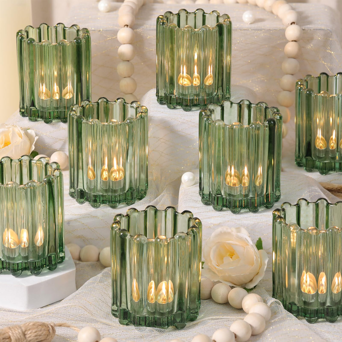 HAVITI Glass Green Votive Candle Holder, Ribbed Votive Candle Holders Set of 12, Tealight Candle Holder for Wedding Centerpieces Dinner Party Table Decor