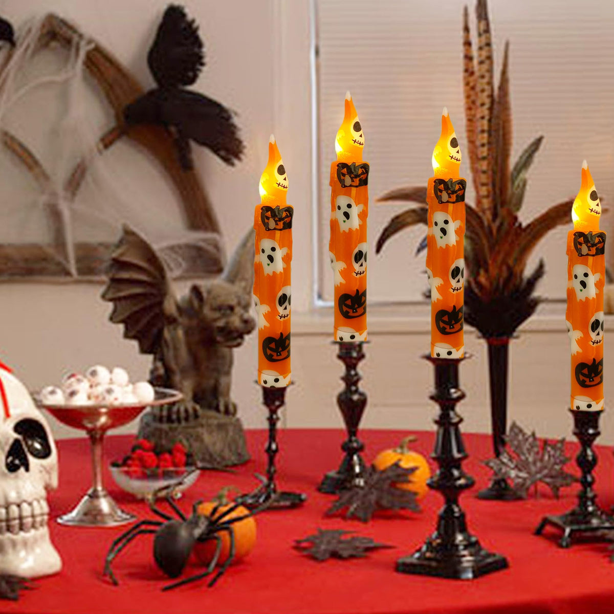 Gedengni Halloween Candlesticks Flameless Taper Candle, 4pcs Printed LED Tapered Candles Remote Dipped Candle 6inch Battery Chandelier for Enchanting Weddings and Harry Potter Inspired Vigils(Hall)