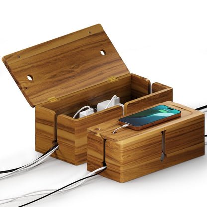 BLUEWEST 2-Pack Cable Management Box, Acacia Large Cable Cord Organizer Boxes for Power Strip – 3 Open Slots Wooden Cords Hider Box for TV Wires, Computer, Router, USB Hub and Under Desk Power Strip