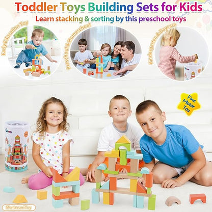 FCSONU Wooden Building Blocks for Toddlers 1-3 100 Pcs Wood Blocks Set - Sorting &amp Stacking Toys with Storage and Lid Kid Montessori Toys Ages 2+ Christmas 1st Birthday Gifts for Boys Girls Bab