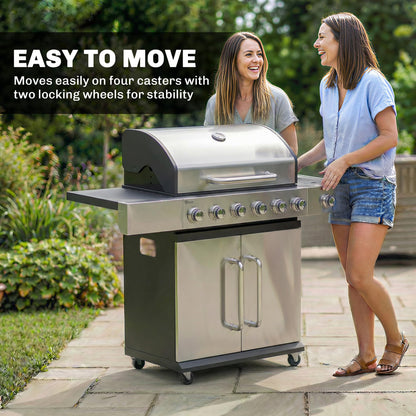 Outsunny 6 Burner Propane Gas Grill with Side Burner, 63,000 BTU Stainless Steel Barbecue Grill with Cast Iron Grates, Wheels, Warming Rack, Side Tables, Cabinet for Outdoor Kitchen, Backyard Barbecue