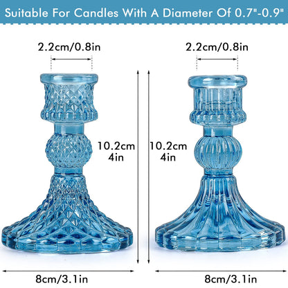 Blue Glass Candlestick Holders,Set of 8 Include Taper Candle Holders and Stripe Candle Holders,Two Style for Formal Events, Wedding, Festival,Church, Party & Festival Decoration