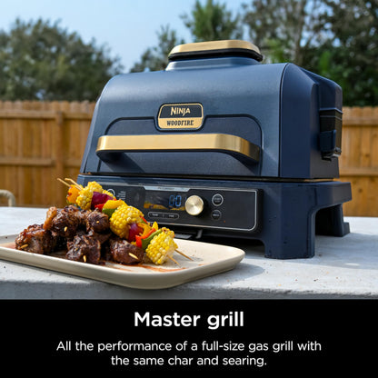 Ninja Woodfire Pro Connect XL Outdoor Grill & Smoker | Bluetooth, App Enabled | 7-in-1 Grill, BBQ Smoker, Outdoor Air Fryer | Woodfire Technology | Built-In Thermometer | Blue & Gold| OG951BL1