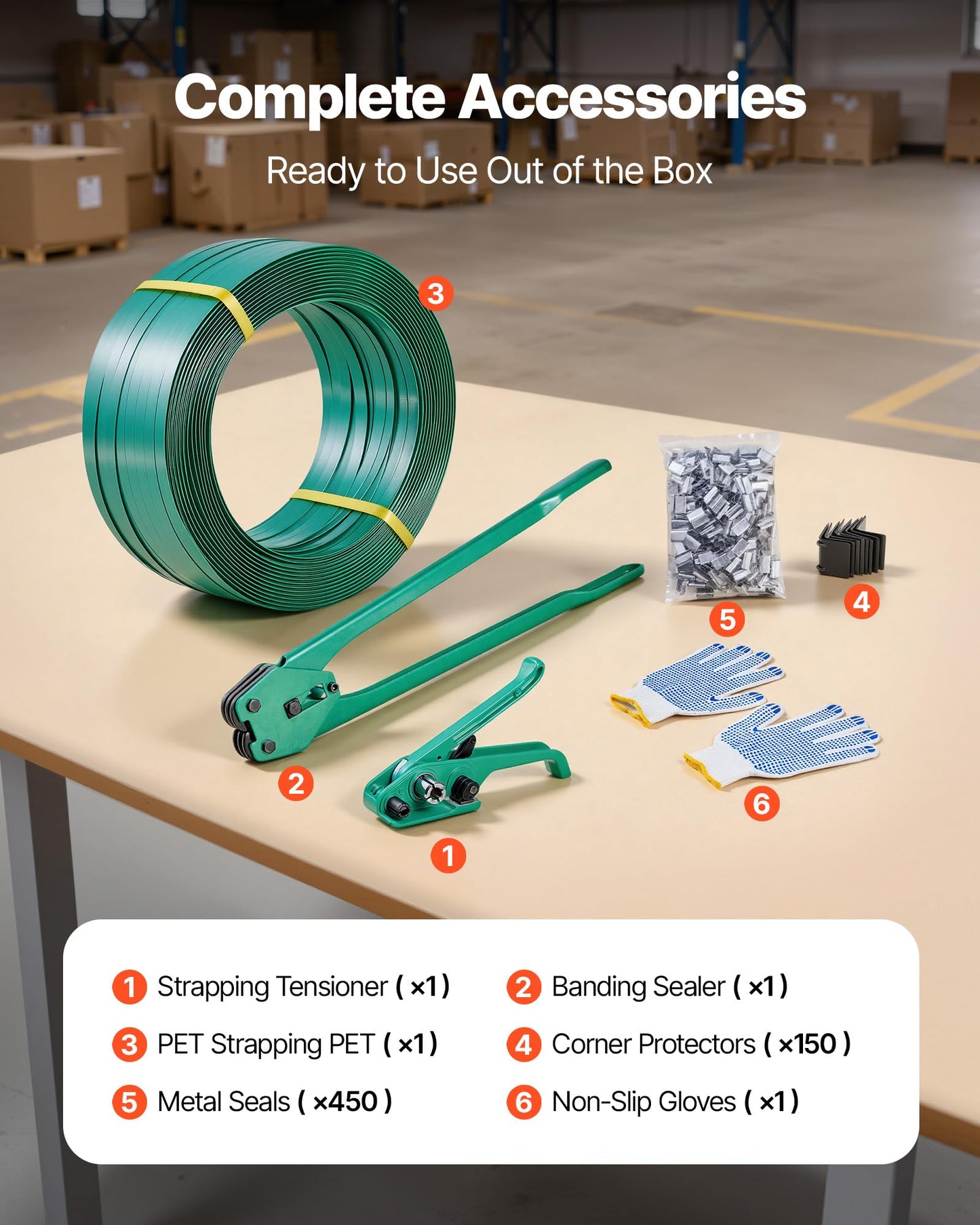 VEVOR Banding Strapping Kit, Heavy Duty Banding Sealer Tool with 1500 ft PET Band, 450 Metal Seals, 150 Corner Protectors & Gloves, Plastic Pallet Packaging Strapping Kit for Warehouse/Shipping/Moving