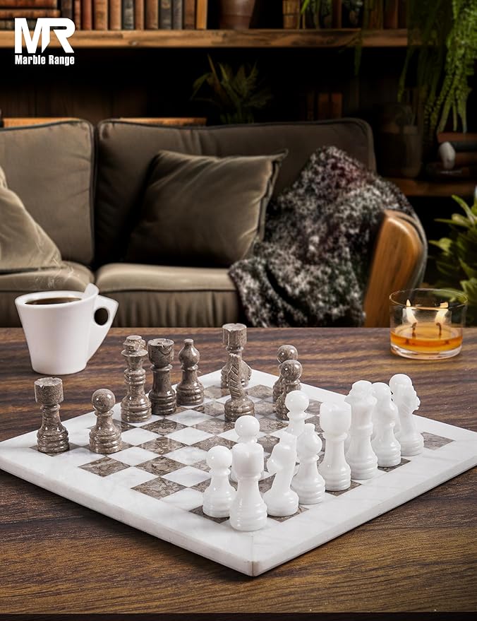 Marble Chess Set for Adults 12 Handmade White &amp Oceanic Board Game with 32 Chess Pieces 2 Extra Queens &amp Storage Box Luxury Travel Game Elegant for Home Decor