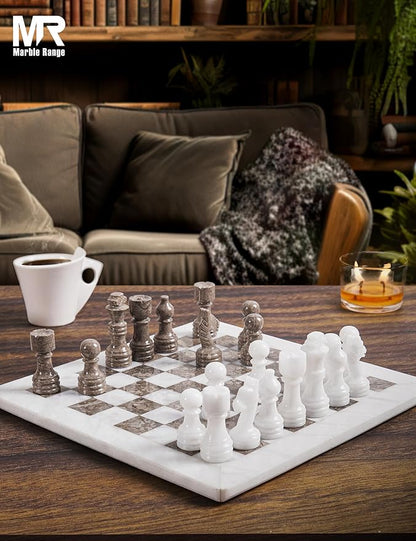 Marble Chess Set for Adults 12 Handmade White &amp Oceanic Board Game with 32 Chess Pieces 2 Extra Queens &amp Storage Box Luxury Travel Game Elegant for Home Decor