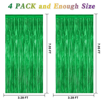 4 Pack Green Streamers, 3.28 FT x 7.05 FT Birthday Tinsel Backdrop, Metallic Foil Fringe Curtains Photo Booth Backdrop, Green Jungle Theme Decorations Birthday Decor
