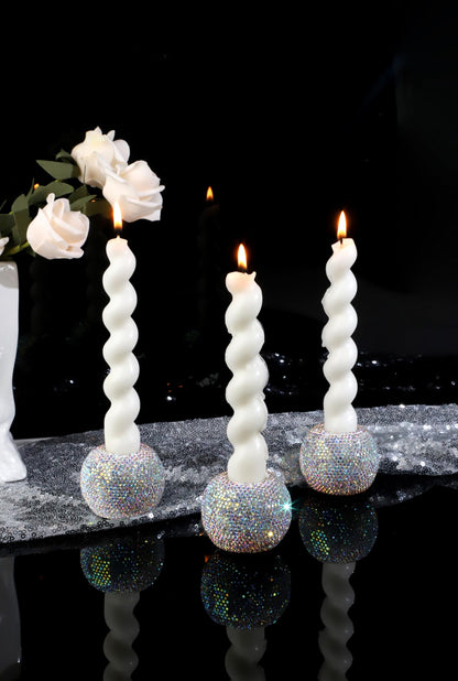 Vixdonos Round Resin Rhinestones Candlestick Holders Set of 3 Ceramic Candle Holder Bulk for Taper Candles,Silver