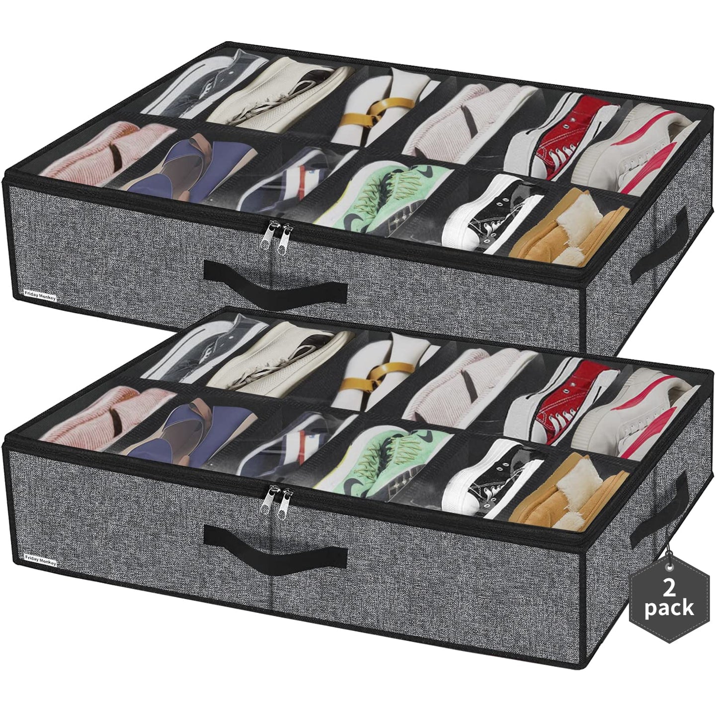 Friday Monkey Sturdy Under Bed Shoe Storage Organizers 2 Pack, Fit Total 24 Pairs, Large Underbed Closet Shoes Box Container Bag with Clear Cover, Breathable, 29.3x23.6x5.9 inches, Black, ZMBCUBSB2P