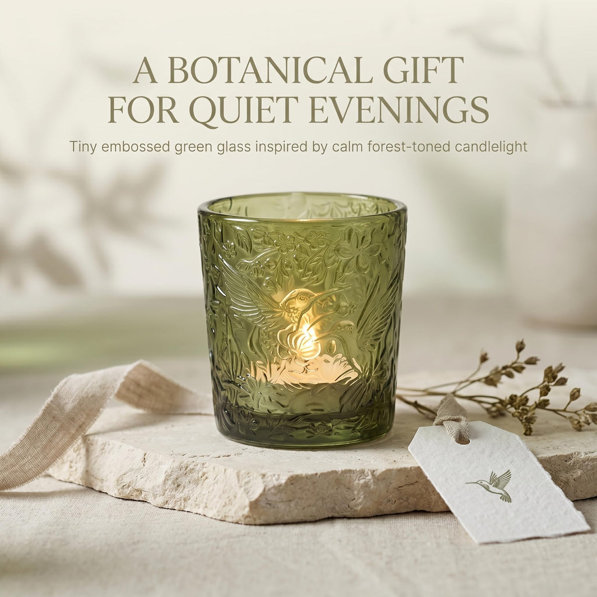 12 Pack Hummingbird Embossed Glass Candle Holders – Votive Tealight Holders with Patent Design, Decorative Embossed Glass Cups for Wedding Centerpieces, Parties, and Home Décor (Moss Green)