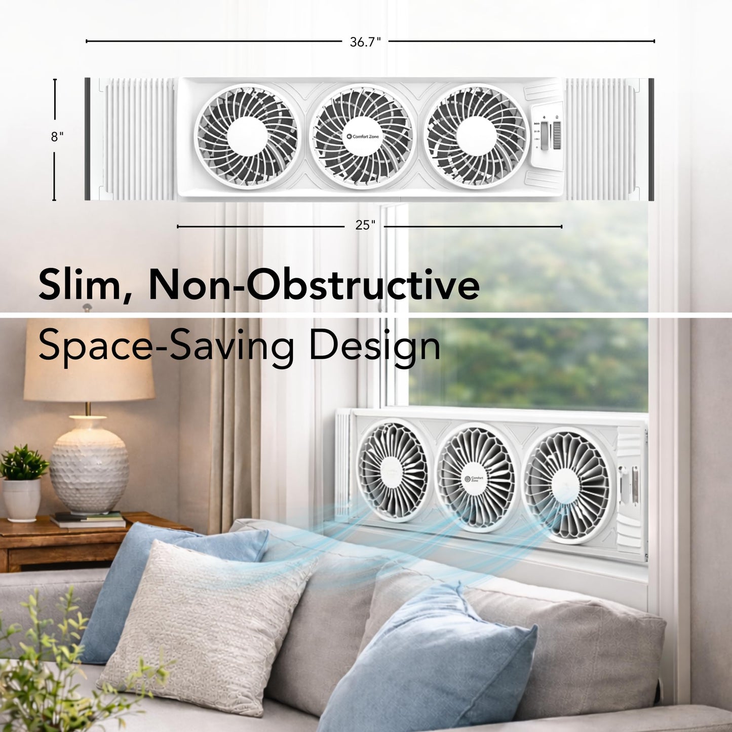Comfort Zone Triple Window Fan with Adjustable Thermostat | 3-Speed High-Velocity Cooling | Horizontal or Vertical Manual Control | Fits Double Hung Windows (Min 25" x 8") | Fully Assembled | White