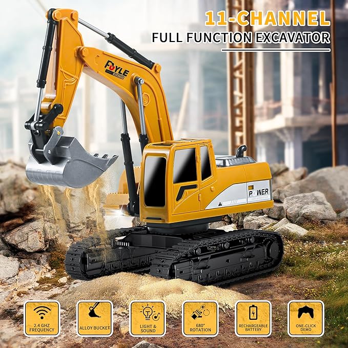 Remote Control Excavator Toys 1: 24 Engineering Digger Truck for Boys with Metal Shovel Lights Sounds Turns 680 Degree 2.4 GHz Construction Toys Christmas Birthday Gift for Kids