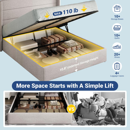 Allewie Queen Size Lift Up Storage Bed, Modern Wingback Headboard, Hydraulic Support, No Box Spring Needed, Light Beige