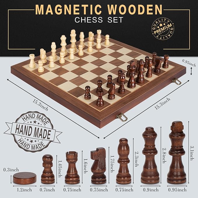 2 in 1 Magnetic Chess Set &amp Checkers Board Game 15 Wooden Folding Chess Board with 2 Extra Queens Portable Travel Chess Set with Pieces Storage Slots Beginner Chess Board Game for Adults &amp