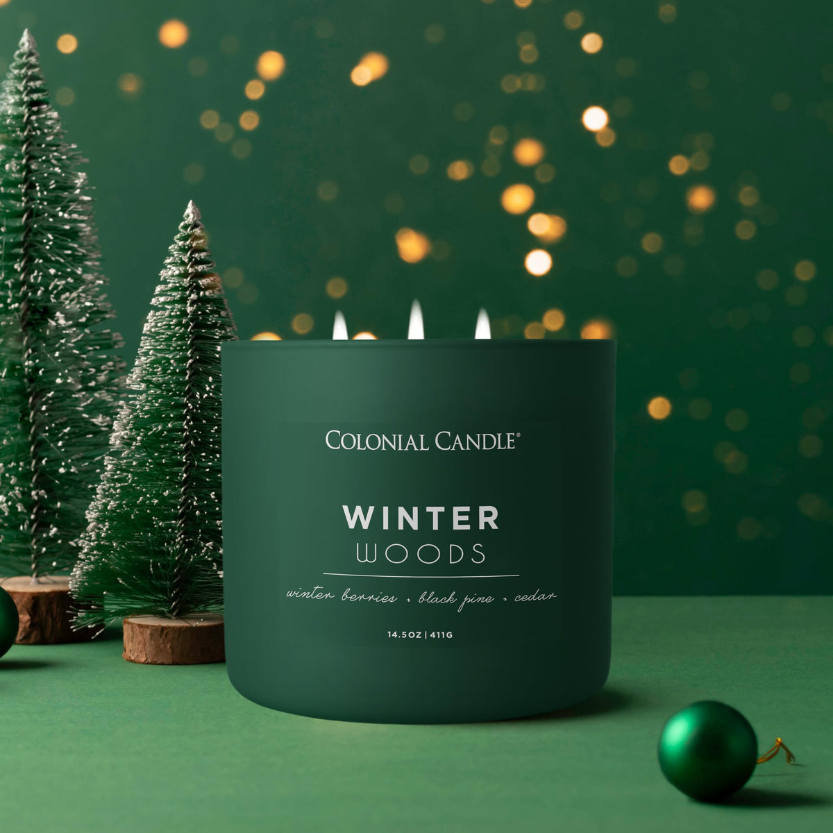 Colonial Candle Winter Woods Scented Jar Candle, Pop of Color Collection, 3 Wick, Green, 14.5 oz - Up to 60 Hours Burn