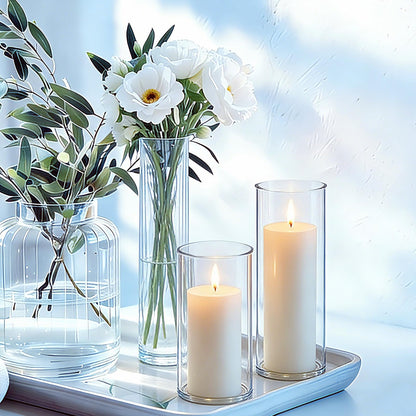 PNJHDZ 24 Pcs White Pillar Candles and Glass Candle Holders Cylinder Candle Vases for Pillar Candles Hurricane Candle Holders Set for Wedding Party, Event, Home Office Decor
