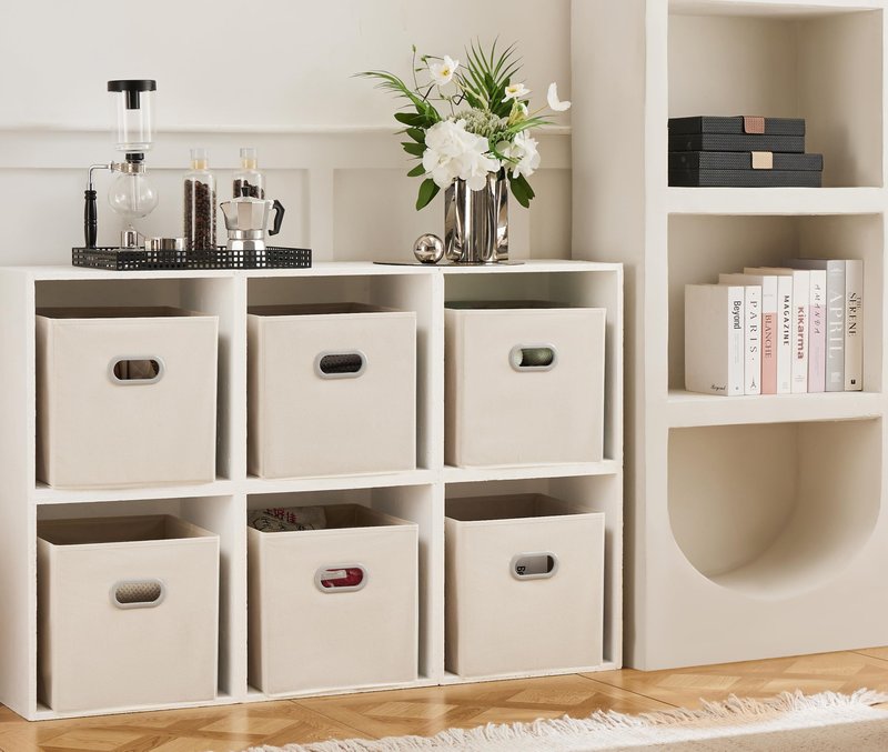 MAX Houser 6 Pack Foldable Fabric Storage Bins with Handles - Ideal for Closet Organization, Bedroom and Nursery（ Beige, 12"x12"x12"）