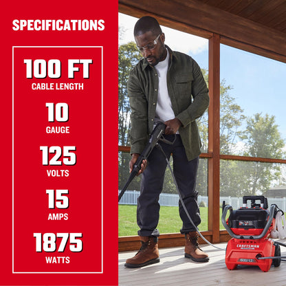 CRAFTSMAN 100 Ft. Heavy-Duty Industrial Extension Cord, 10/3 SJTW Indoor/Outdoor Waterproof Power Cable with Lighted 3-Prong Plug, Storage Strap & Flexible Jacket, 15A/1875W/125V
