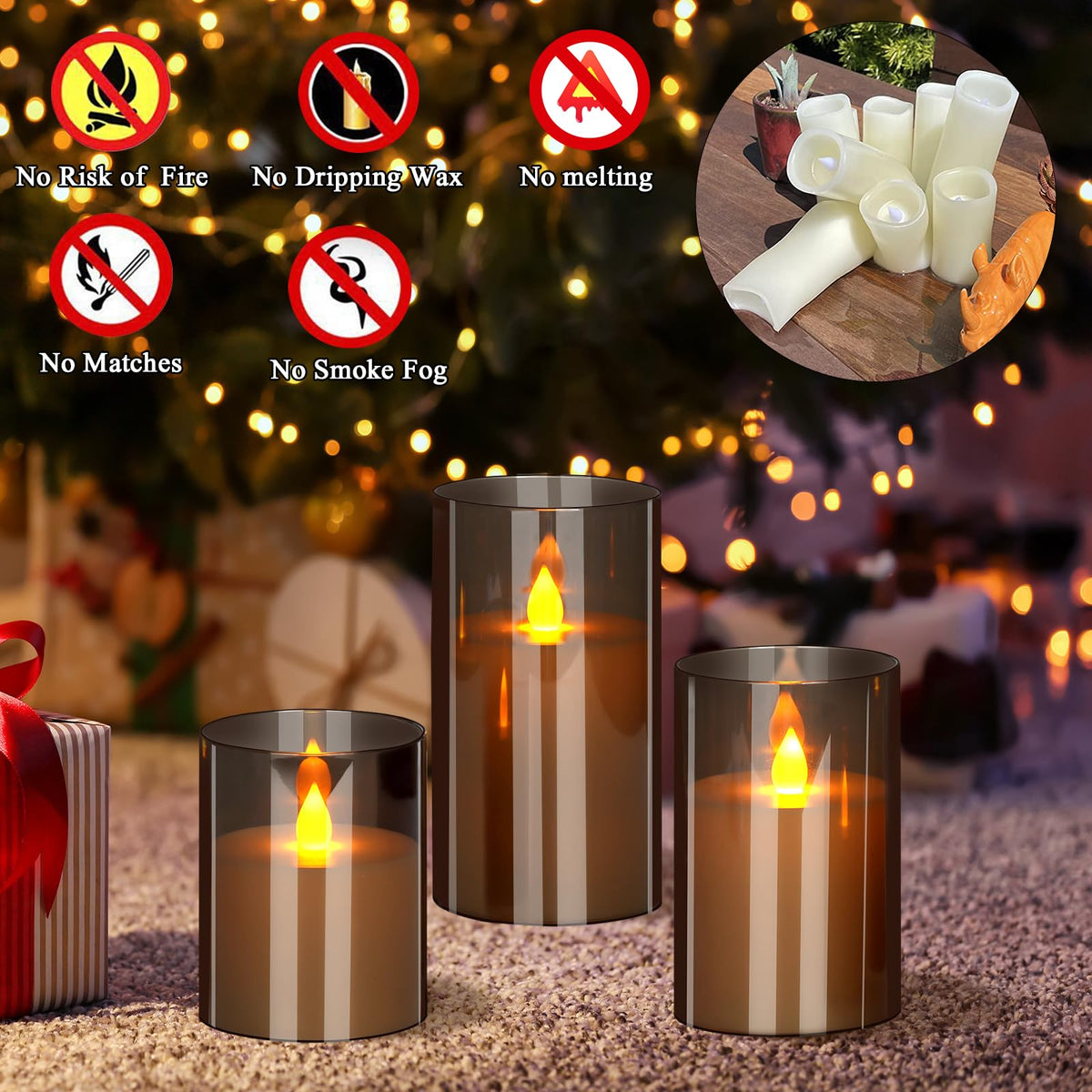 Flameless Candles 4" 5" 6" Acrylic Glass Pillars 3" Diameter Battery Operated Flickering Candles Include Remote with 24Hour Timer Function 400+ Hours by 2 AA Batteries (Gray, Warm Light 9 Pack)