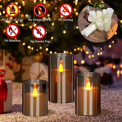 Flameless Candles 4" 5" 6" Acrylic Glass Pillars 3" Diameter Battery Operated Flickering Candles Include Remote with 24Hour Timer Function 400+ Hours by 2 AA Batteries (Gray, Warm Light 9 Pack)