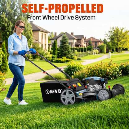 SENIX 21'' Self-Propelled Gas Lawn Mower (FWD), 170 cc 4-Cycle Engine 3.8 HP, 3-in-1 (Bagging/Mulching/Side Discharge), 6-Position Cutting Height Adjustment, 1.7 Bushels Grass Bag