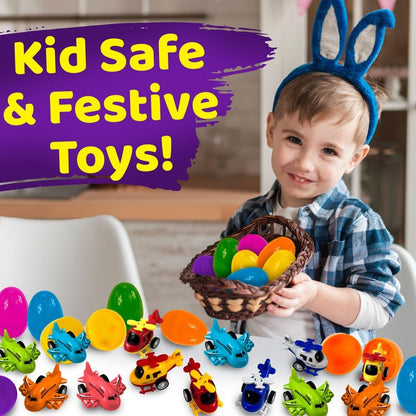 stargo 16 Pack Colorful Prefilled Easter Eggs bulk with toys - mini Aircraft, pull-back Helicopters & Airplanes. Plastic Easter Eggs Filled, Basket Fillers Egg Hunts, Party Favors, Boys Goodie Bags