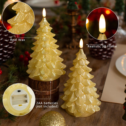 LUSHARBOR Flameless Candles with Remote Timer, 2 Pack Christmas Tree Candles Battery Operated LED Candles Real Wax Holiday Christmas Decoration for Bedroom Party Festival Gift Gold