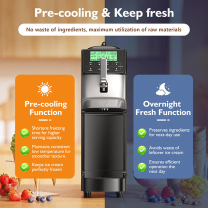 Soft Serve Ice Cream Machine – 3.5 Gal/H Single Flavor Ice Cream Maker with 5" HD Display, Pre-Cooling Function & 1.6 Gal Hopper, Ideal for Cafés, Restaurants, Bakeries and Commercial Use