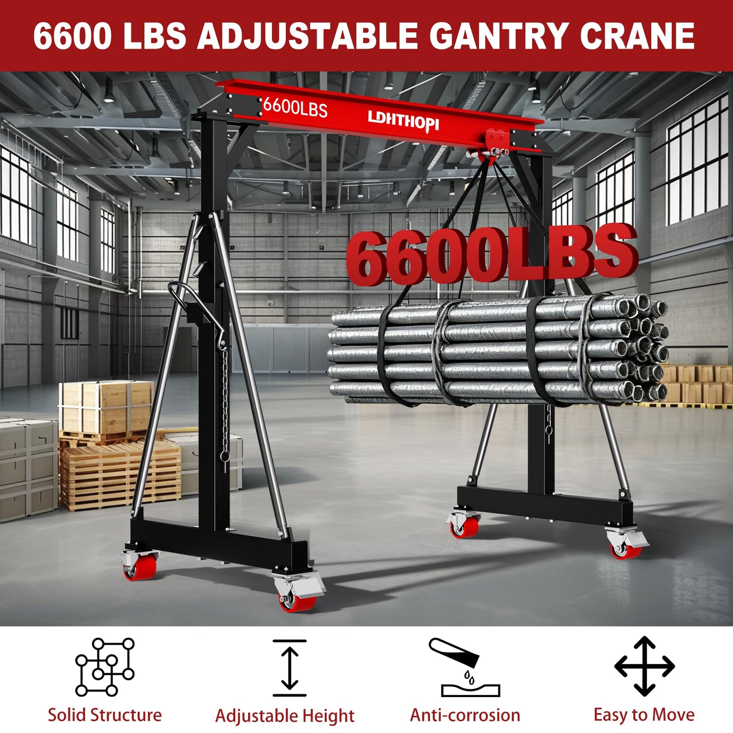 LDHTHOPI 3 Ton Gantry Crane, 6600LBS Adjustable Gantry Crane with 8.53-12.47ft Height, Shop Lift Hoist with Manual Trolley, Hook & Shackles for Warehouse, Factory,Auto Repair & Construction, Red