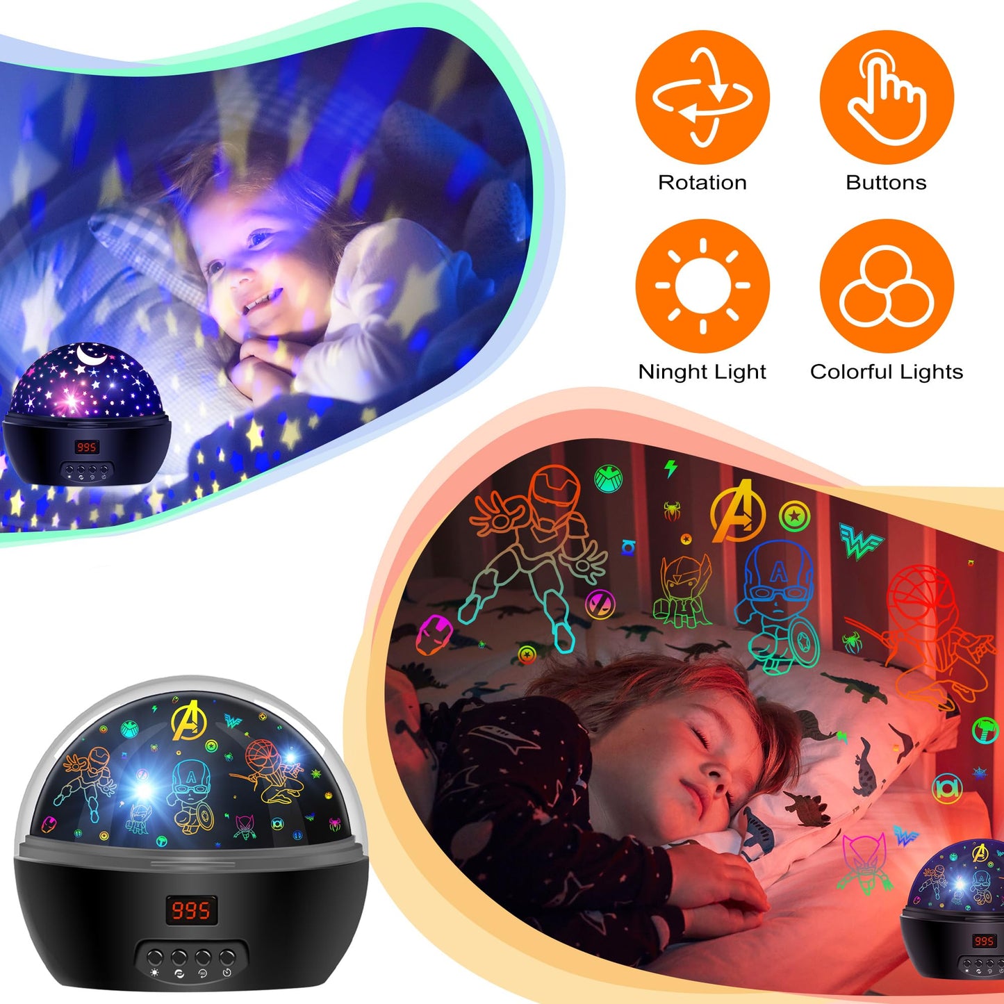 MOKOQI Kid Light Projector Superhero Toys for Boys 5-7 Avengers Night Light Projector with Timer for Kids Room, 360 Degree Rotation Toddler Nightlights with Spiderman Figurine Lamps and Star Projector