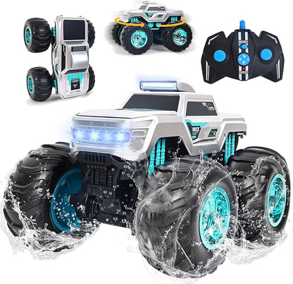 Waterproof Amphibious Remote Control Truck for Kids Gyroscope Self-Balancing Monster Truck with Wheelie Stunts LED Lights All-Terrain RC Car for Boys Girls Ages 6–12 Outdoor Pool Toy Gift