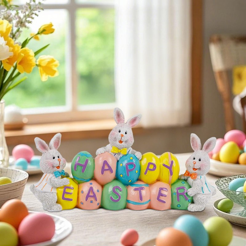 DR.DUDU Easter Decorations Eggs Bunny, Hand-Painted Resin Tabletop Centerpiece, Decor Bunny Figurine for Home Room Table Office Party (Happy Easter)