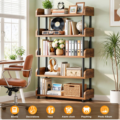 Aheaplus 5-Tier Tall Open Bookshelf, 31.5" Modern Display Bookcase with Top Edge and Pipe Metal Frame, Industrial Standing Book Shelves Metal Storage Rack for Living Room, Home Office, Rustic Brown