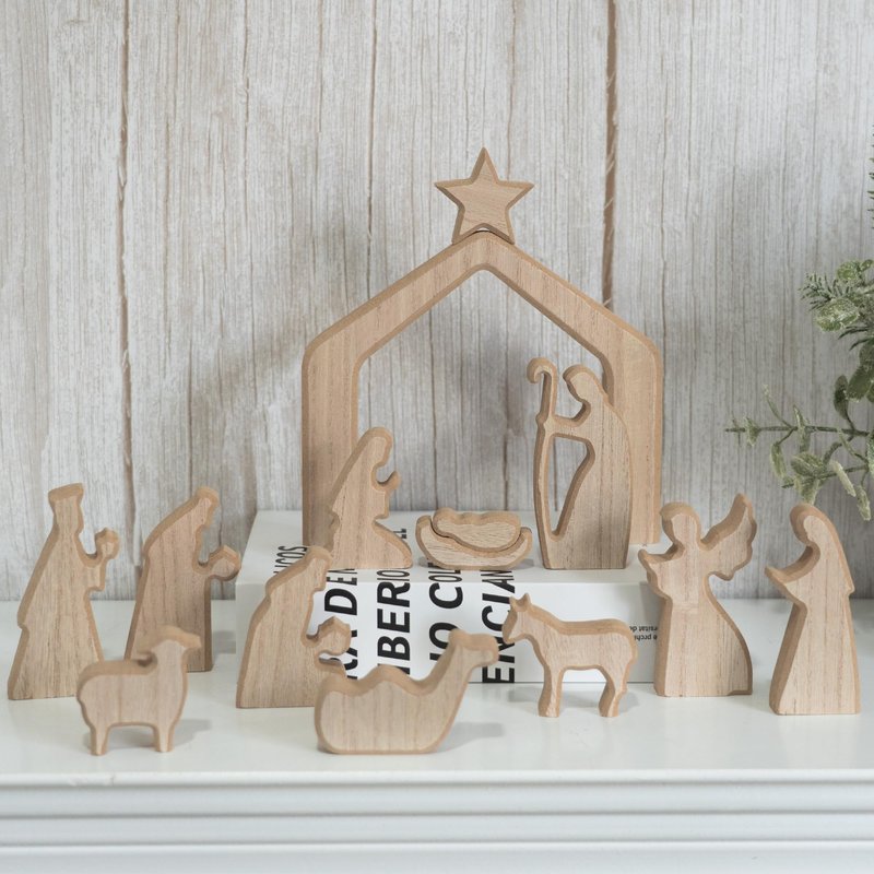 NEROSUN Nativity Scene Set, 13Pcs Wooden Christmas Nativity Scene Miniature Holy Family Figurines, Minimalism Boho Tabletop Christmas Manger Decorations for Christan Indoor Home Mantel Display