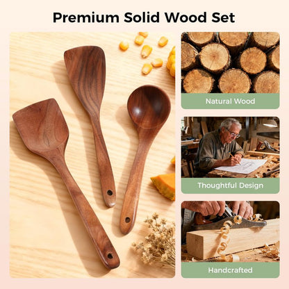 Wooden Spoons for Cooking - 7 Pieces Wooden Kitchen Utensils Set, Smooth Natural Teak Wood Utensil Set, Nonstick Heat-Resistant Cooking Utensils - Lightweight & Sturdy, Wooden Spatula for Cooking