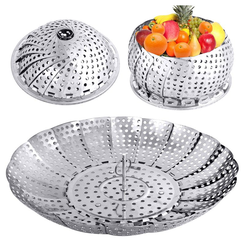 Veggie Vegetable Steamer Basket, Folding Steaming Basket, Metal Collapsible Stainless Steel Steamer Basket Insert for Cooking Food, Expandable Fit Various Size Pot(5.9" to 9.8") YLYL