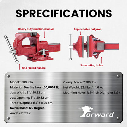 Forward 1308 8 Inch Home Vise Ductile Iron 8" Bench Vise Homeowner's Vice with Anvil and Swivel Base