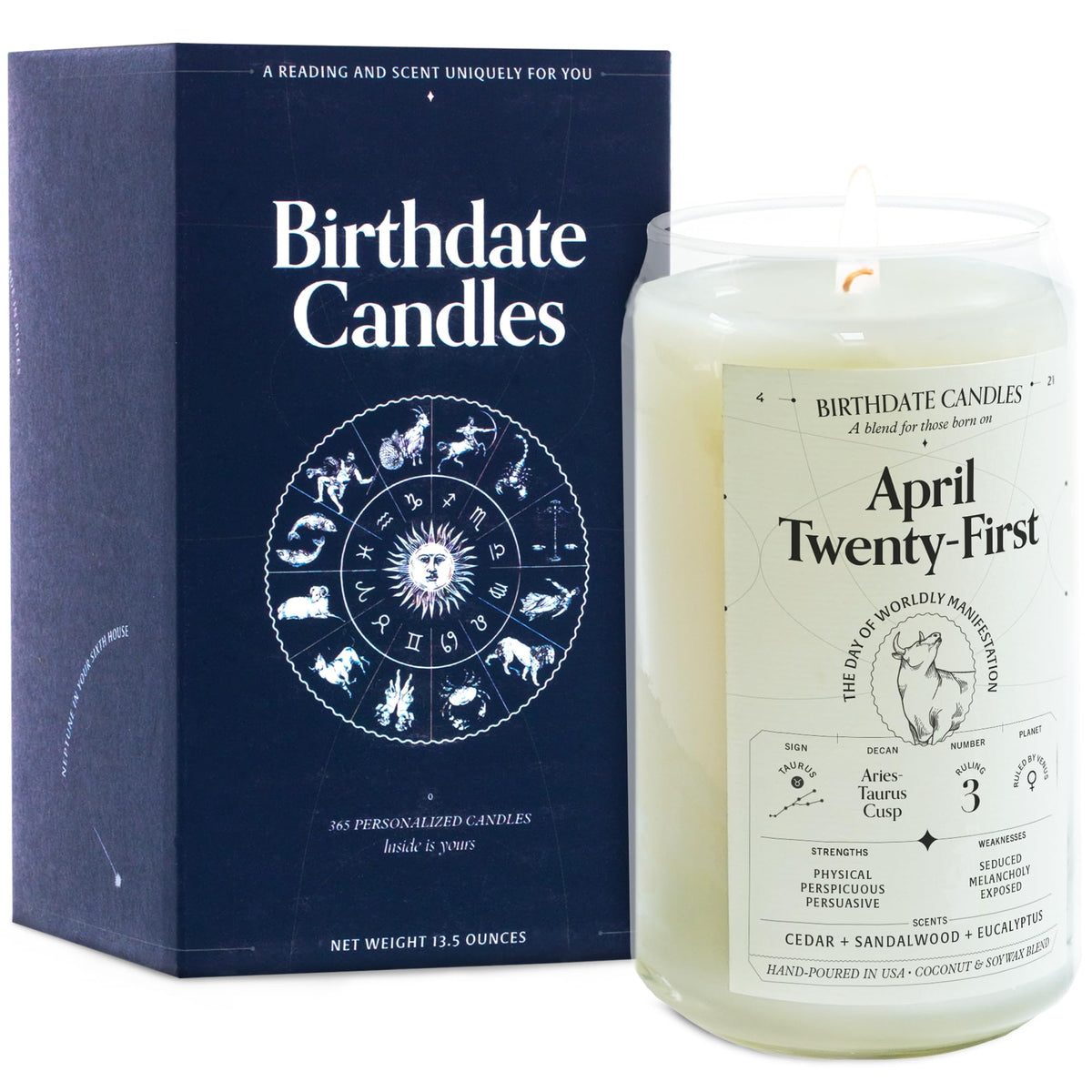 Birthdate Candles, April 21 - Taurus Zodiac Scented Candles Birthday Gift - Cedar, Sandalwood & Eucalyptus Scent - All-Natural Soy & Coconut Wax, 60-80 Hour Burn Time - Made in USA
