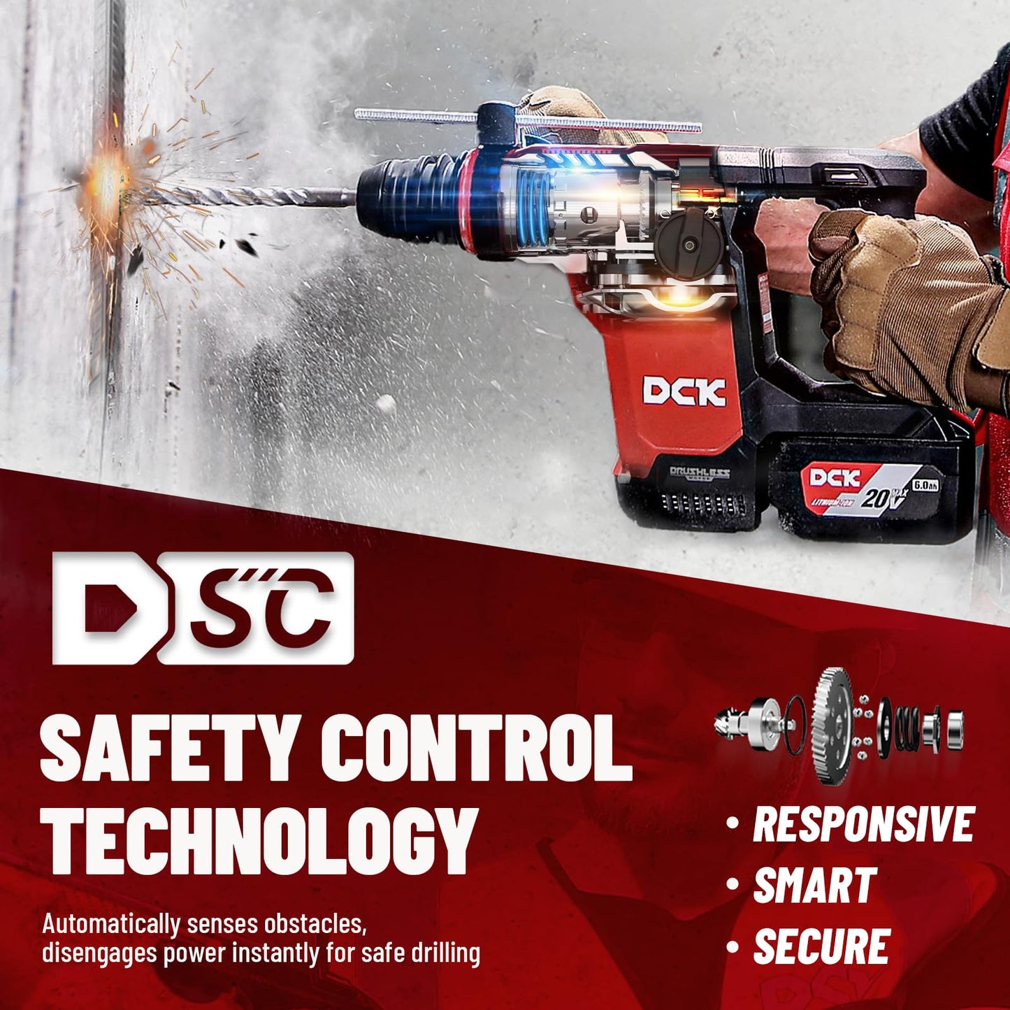 DCK 20V Cordless Rotary Hammer with Dust Collector, 15 in³ Dust Collection Box, 5-Inch Stroke, 2.8J Impact Energy, Brushless SDS Plus Hammer Drill with 6Ah Battery 4A Charger 4 Drill Bits 2 Chisels