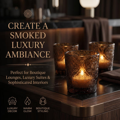 12 Pack Mandala Embossed Glass Candle Holders – Votive Tealight Holders with Patent Design, Decorative Embossed Glass Cups for Wedding Centerpieces, Parties, and Home Décor (Chestnut Brown)
