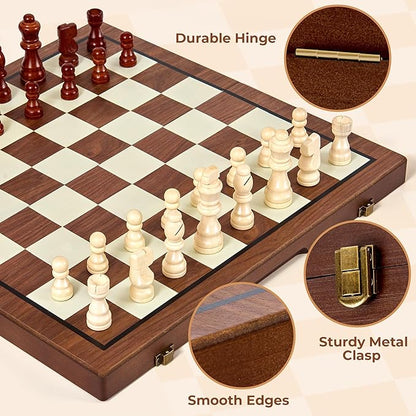 MerryPony 2 in 1 Wooden Chess and Checkers Set Magnetic – 15 inch Folding Board Game with Strong Magnetic Chess Pieces with 2 Extra Queens Portable Travel Beginner Chess Game Set for Adults Family