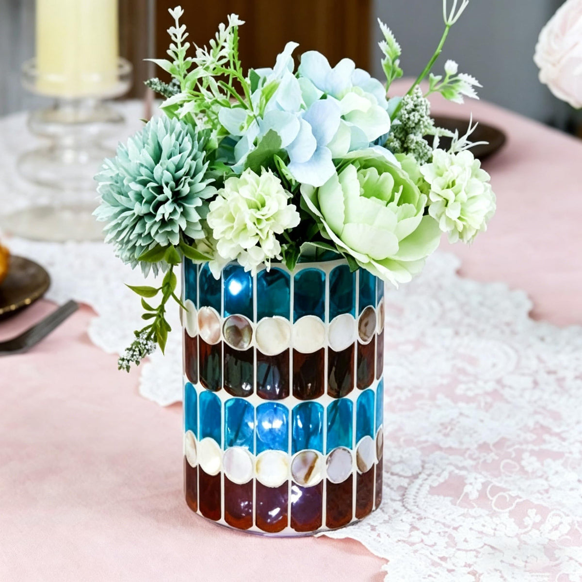 Glass Candlestick Romantic Mosaic Broken Candlelight Aromatherapy Candle Cup for Valentine's Day Christmas Thanksgiving Tables Center of Party Decorations(NO Candles)