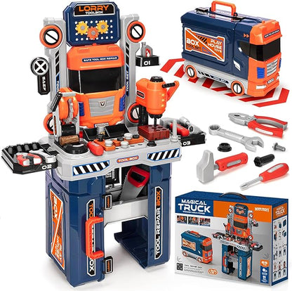 Kids Tool Bench with Electric Drill and Power Miter Saw Construction Workbench Toys for Boys Age 3 4 5 6 7 8 Toddler Realistic Tools Table Playset Tool Box Set Christmas Birthday Gift for Kids 3-5