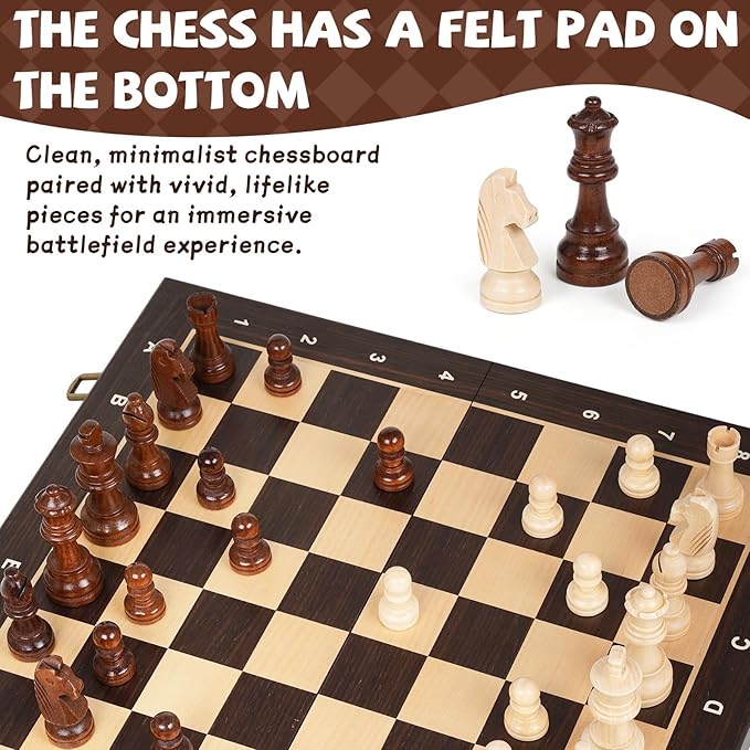 15 Magnetic Wooden Chess Set for KidsAdults &amp Beginners with 3 King &amp 2 Extra Queens – Portable Folding Travel Chess Board with Storage – Classic Strategy Game