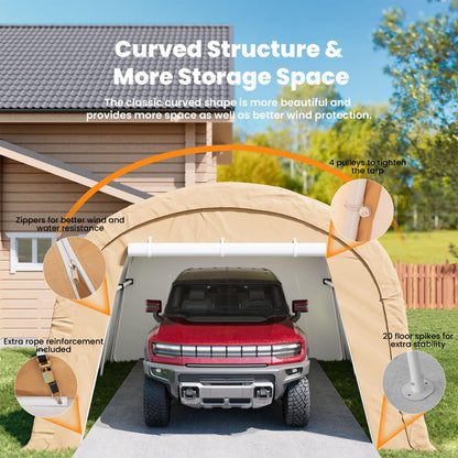 COSIEST 13'×20' Storage Shelter Outdoor Round Carport, Heavy-Duty Garage Canopy with Dual Roll-Up Doors Weatherproof PE Cover, Multi-Purpose Vehicle/Tractor Shed for Backyard/Driveway/Farm(Beige)