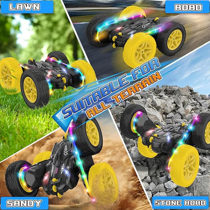 Remote Control CarRC Cars with Sides Light Strip and HeadlightsDouble Sided 360 Flips Rotating RC Stunt Car2.4Ghz All Terrain Toys for Ages 4-8 Kids Toy for Boys Birthday Gift(Black)